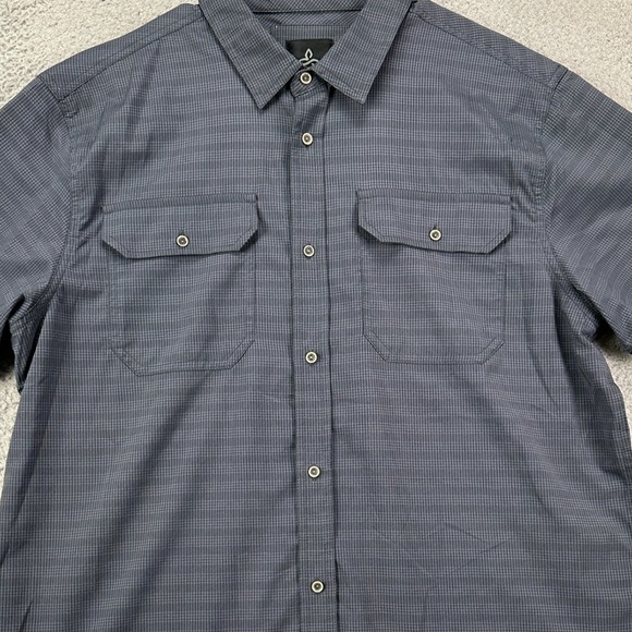 Prana Mens Hiking Shirt Large Gray Plaid Flap Pocket Performance Tech Stretch